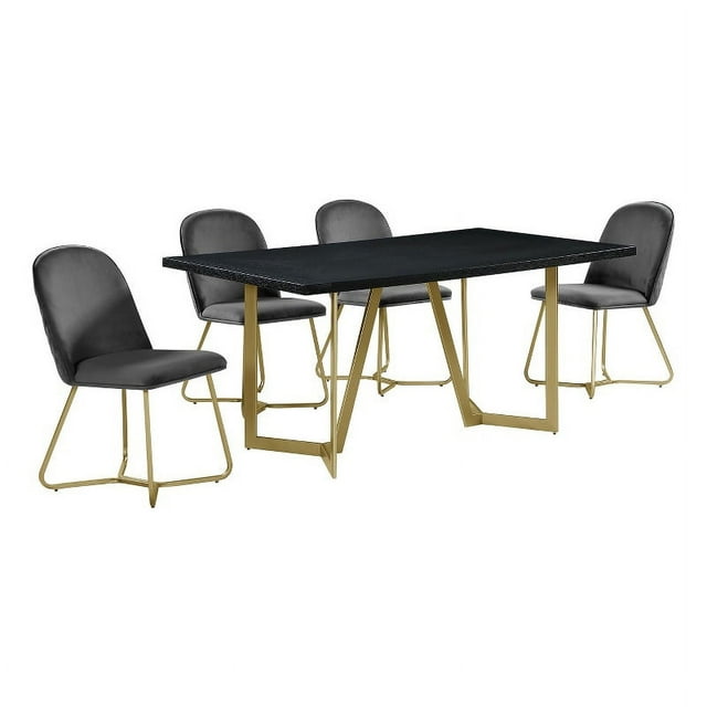 5pc Black Wood Top Dining Set with Gray Velvet Chairs and Gold Base