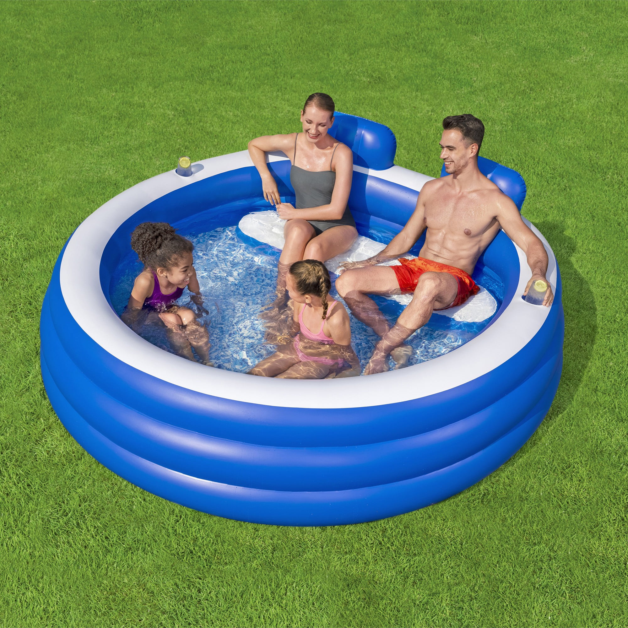 H2OGO! Splash Paradise Pool 7'7" x 7'2" x 31" - Inflatable, Blue & White, Bestway, 225 Gallon Capacity, Outdoor & Backyard, Bench Seat, Built-In Cupholders, Suitable For Children Ages 6+ - Walmart.com