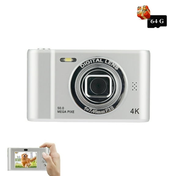 4K Digital Camera, Autofocus 50MP Camera with 64G Card, Digital Point and Shoot Camera with 16X Zoom Anti Shake, Compact Small Camera for Boys Girls Kids(Silver)