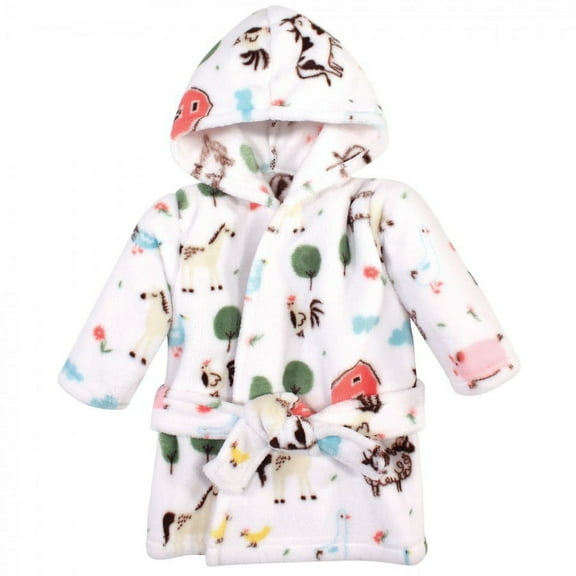 Hudson Baby Infant Girl Plush Animal Face Bathrobe, Girl Farm Animals, 0-9 Months