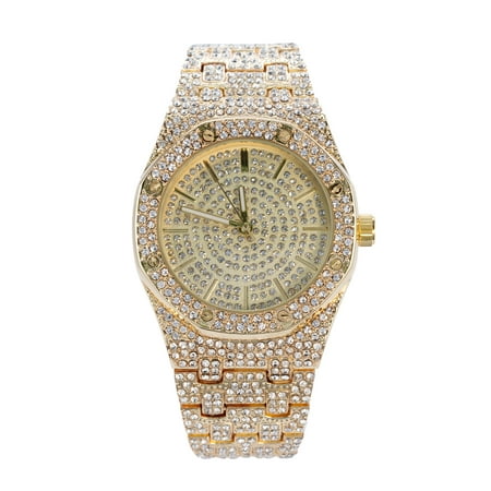 Men's 14k Gold Tone Iced Out Octagon Dial Watch with Simulated