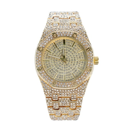 14kt Yellow Gold Mens Watch - Men's 14k Gold Tone Iced Out Octagon Dial Watch with Simulated Diamonds