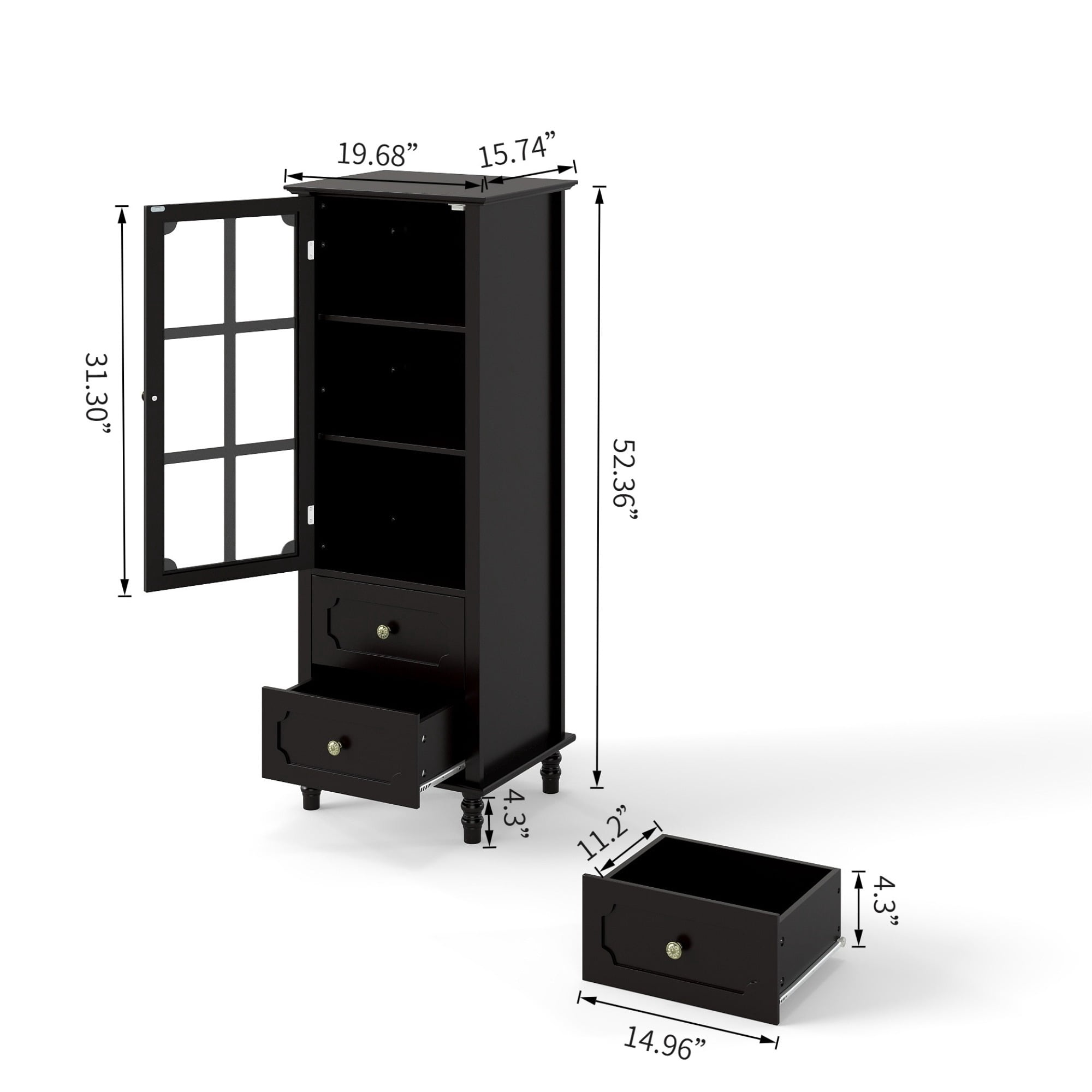 Leumius Minimalism Buffet Cabinet with Glass Doors and Double Drawer, Modern Wooden Storage Sideboard Cupboard for Living room Dining Room Hallway Entryway Black