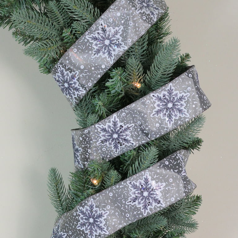 2.5 in. x 16 yds. Grey and White Glitter Snowflake Wired Craft Ribbon
