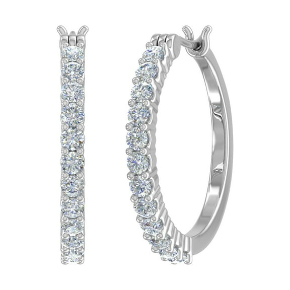 3/4 Carat Round White Diamond Ladies Huggies Hoop Earrings in 10K White Gold