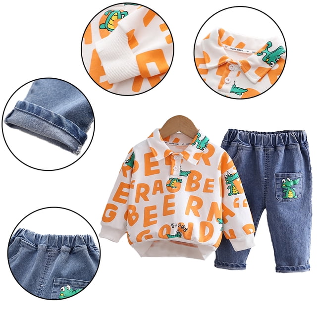 KYAIGUO 2PCS Toddler Baby Sweatshirt Jean Clothes Set Newborn Spring Fall Casual Outfits Shirt Demin Pants Set