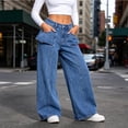 thumbnail image 6 of Women's High Waist Jeans Seam Detail Loose Wide Leg Denim Pants with Ruffled Pockets Vintage Washed Y2K Casual Streetwear Jean Trousers Blue, 6 of 7