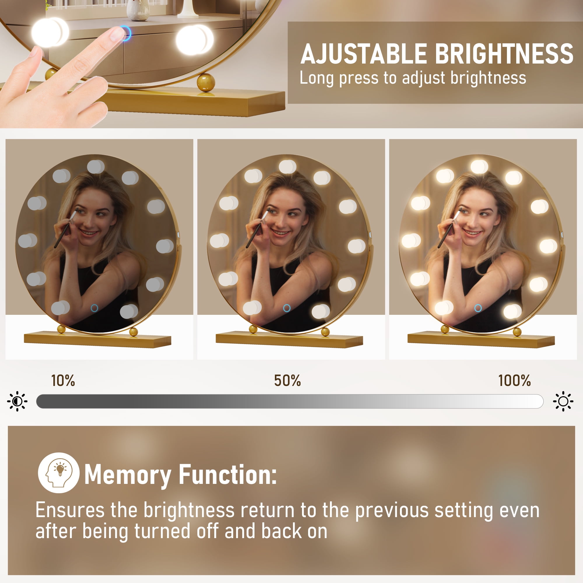 LVSOMT Hollywood Vanity Makeup Mirror with Lights, 5X Magnification, 3  Color Lighting Dimmable LED Mirror, 360° Rotation, USB Port, Large Round  Lighted Up Mirror for Bedroom Table Desk, Gold 