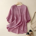 thumbnail image 2 of Women Short Sleeve Tees Cotton Linen Style V Neck Loose Embroidered Short Sleeve T Shirt Tops All Occasion Wear, 2 of 4