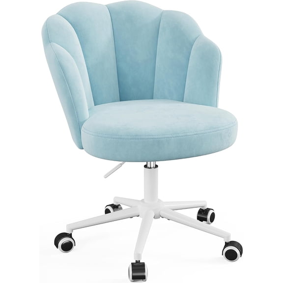 Alpinel Vanity Chair with Wheels & Petal Back | Height Adjustable, 360 Swivel, Armless Design, Comfy Velvet Home Office Chair for Study, Small Space - Misty Blue
