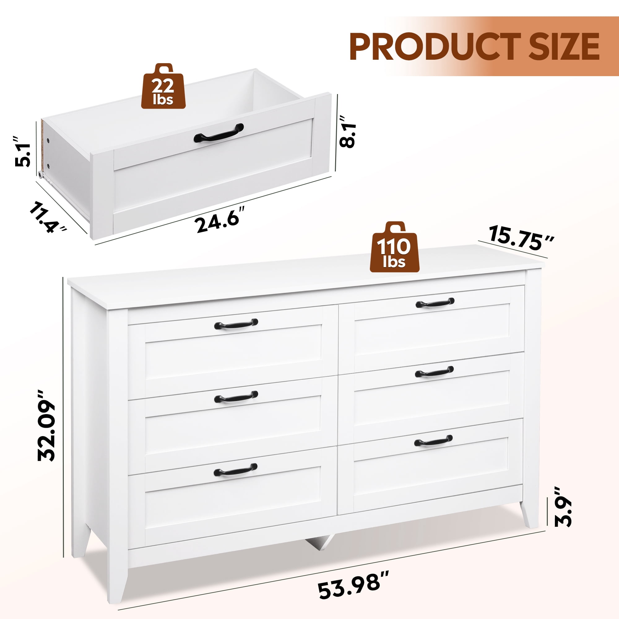 GALAXHERO 6-Drawer Double Wood Dresser - Farmhouse Chest of Drawers with Metal Handles for Bedroom, Living Room, Entryway, White