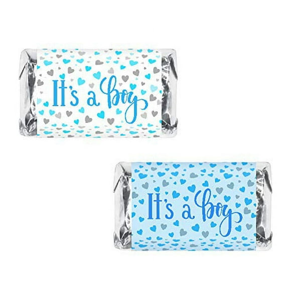 60 Its a Boy Blue Baby Shower Miniatures Candy Bar Wrapper, Baby Shower Miniatures Candy Bar Stickers Decorations, Candy Not Included