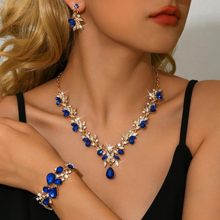 jewelry for blue prom dress Silver Alloy Rhinestone Earrings Crystal Pendant Necklace Bridal Set length design features a blue-ccr Sydney Sweeney Anyone But Colour:navy