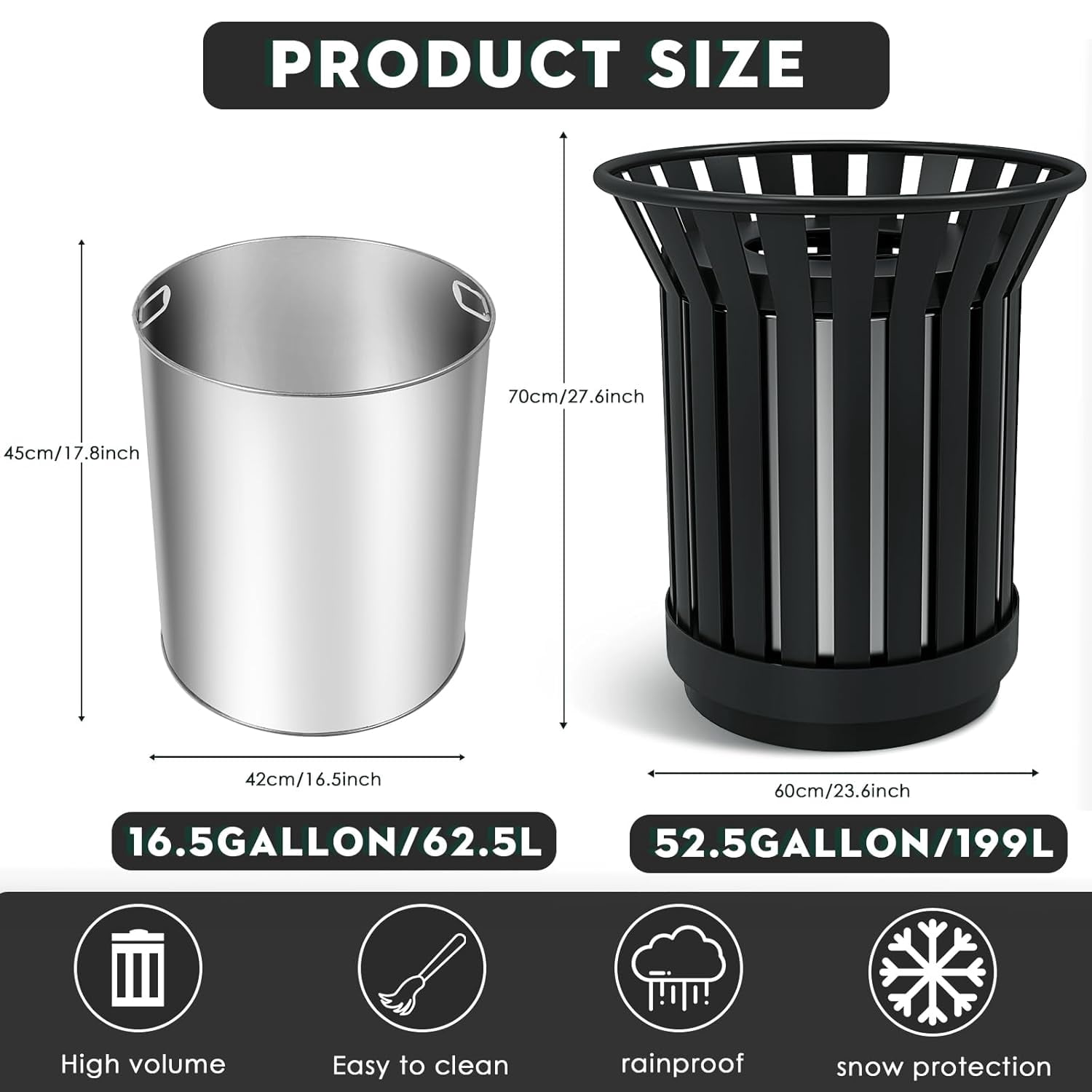 Gaonala Outdoor Metal Slatted Trash Can 30 - 52 Gallon Commercial Grade with Removable Inner Bin Waste Receptacle in Park School Beach Patio(Black)