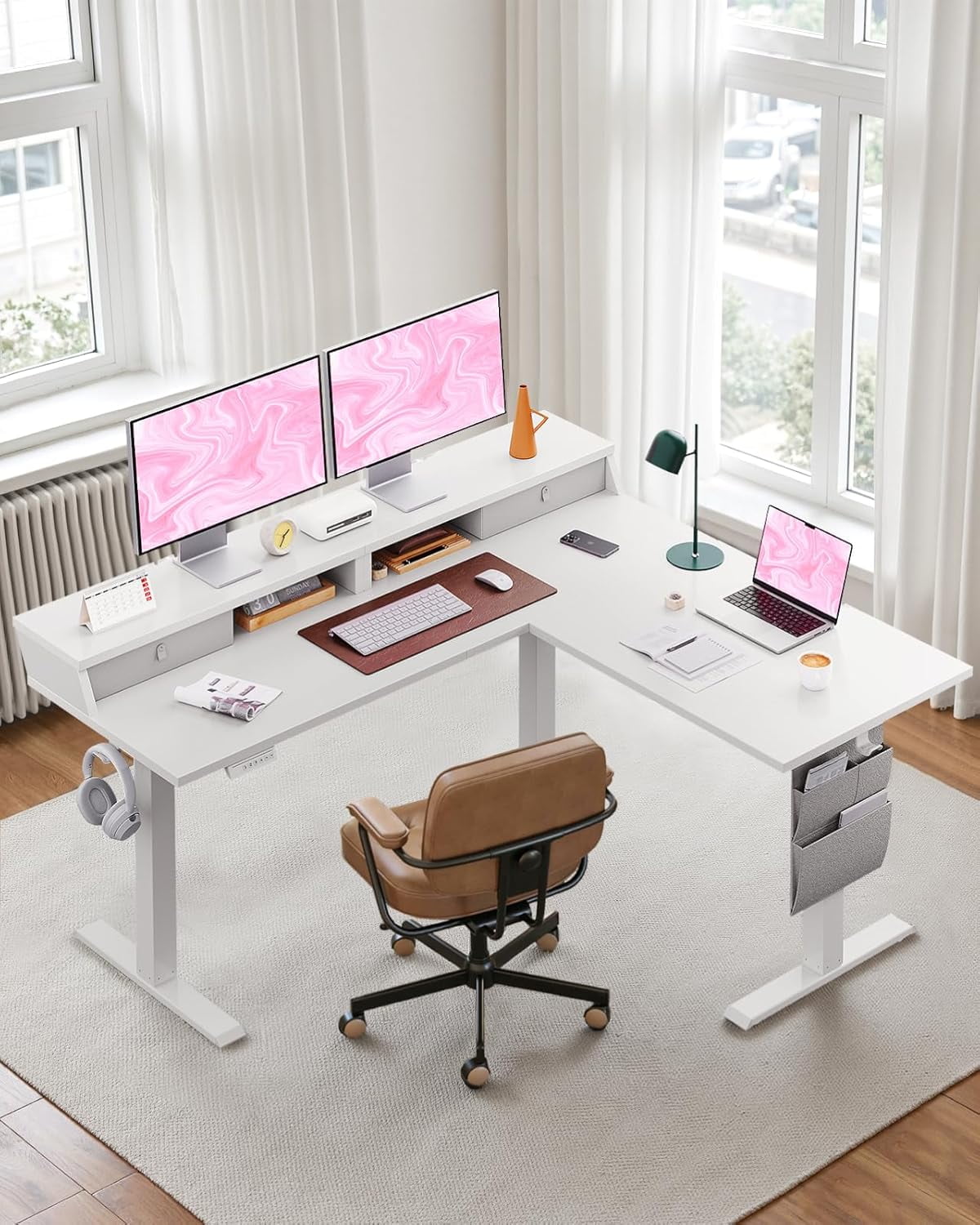 Kyspho L Shaped Electric Standing Desk, 63" Ergonomic Corner Height Adjustable Desk with Drawers, Sit Stand Computer Table with Storage for Work Office Home, White