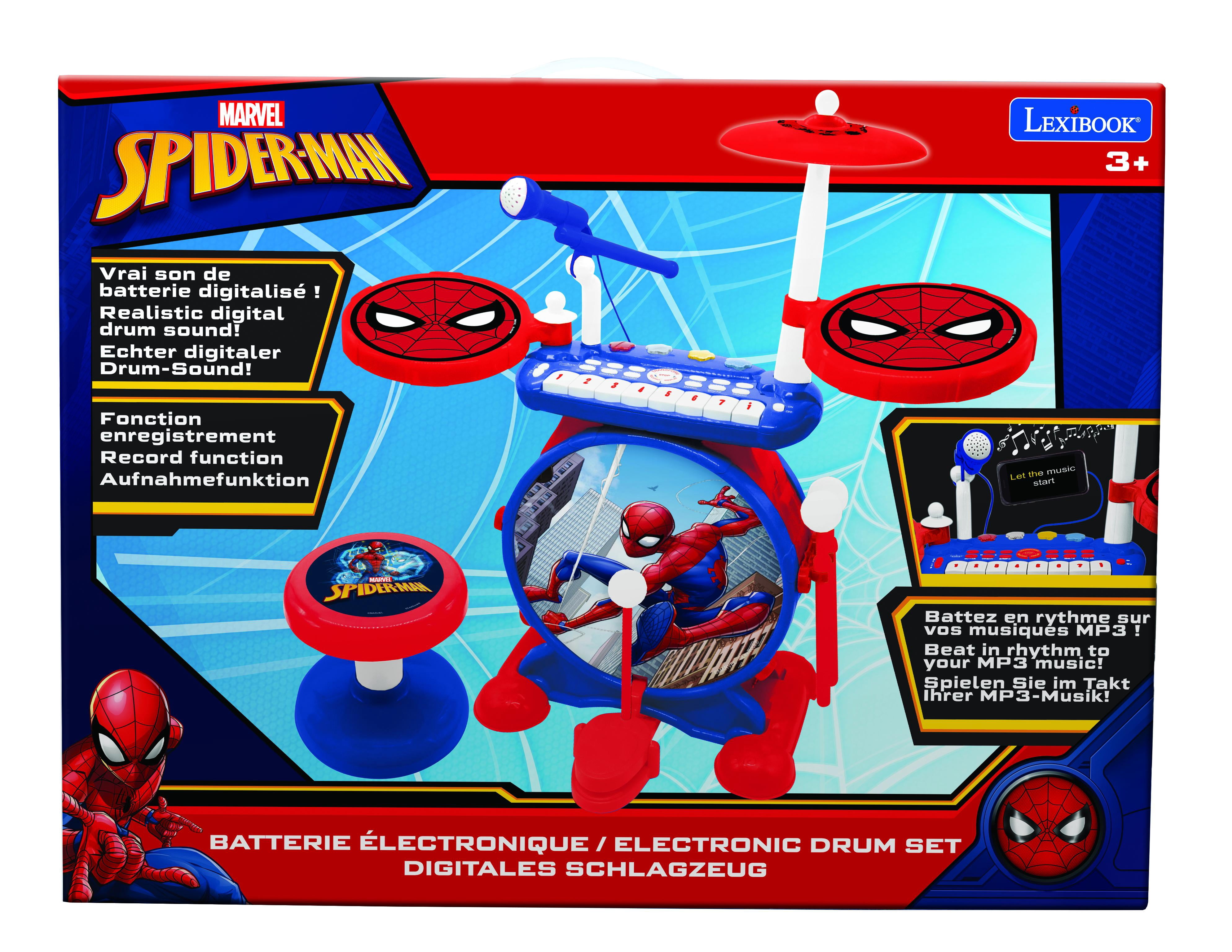 Lexibook Spider-Man Electronic Drum Set, 3-in-1 with 8-Key Keyboard and Mic, Blue/Red