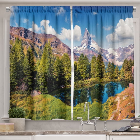 Ambesonne Switzerland Kitchen Curtains, Matterhorn Peak Lake, 55"x36", Dark Turquoise and Green
