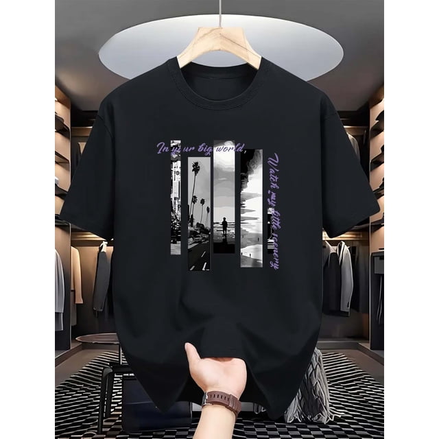 Men's Summer Casual Crew Neck T-Shirt, 100% Cotton Knit Fabric, Regular Fit Short Sleeve Tee with Artistic Letters and Seaside Print Design, Lightweight and Comfortable for Casual Attire
