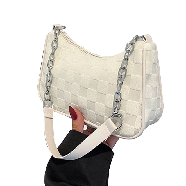 Bolso de hombro con cremallera para mujer, correa única, estilo bajo el brazo, bolso de mano beige a cuadros de felpa