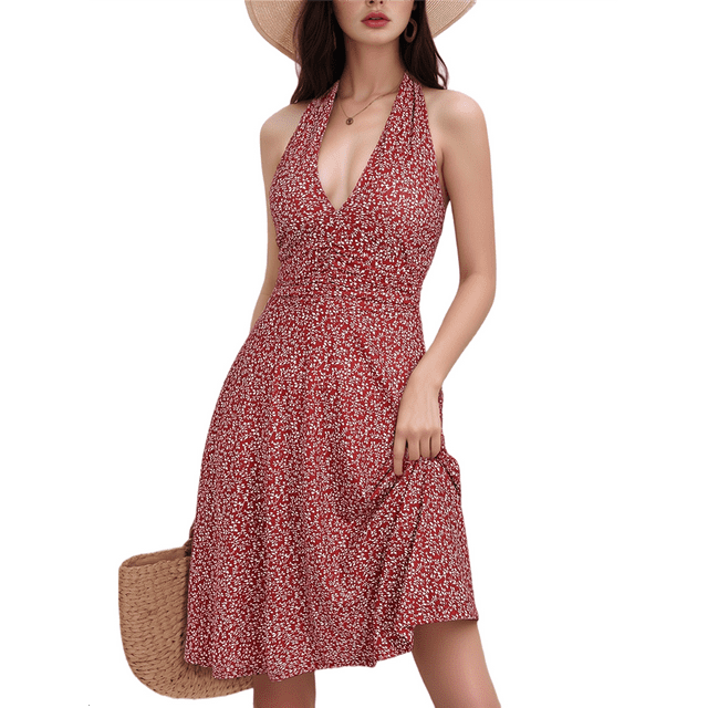 Robe d'Été Sans Manches Portefeuille à Col en V à Fleurs pour Femme, Mini, Rouge Brique, m