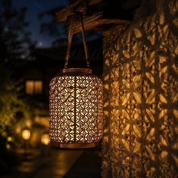 Brown Vintage Projection Solar Garden Light, Outdoor Solar Lantern, Solar Garden Lights Outdoor Waterproof, Chinese New Year Decorations 2026, 8X2X10 Inch Retro Copper Coin Hollow