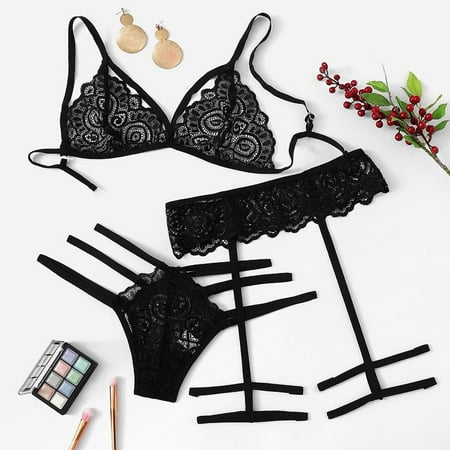 

Valentines day gifts Sexy Women Lace Hollow Out Babydoll Underwear Sleepwear Intimates Thong With Garter Panty Lingerie Set sexy underwear lingerie for women Black