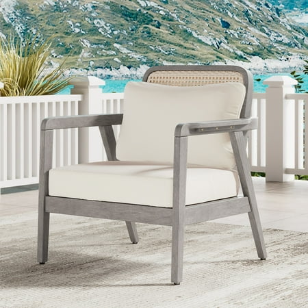 Acacia Wood Outdoor Club Chair with Cushions and Woven Back, Light Grey