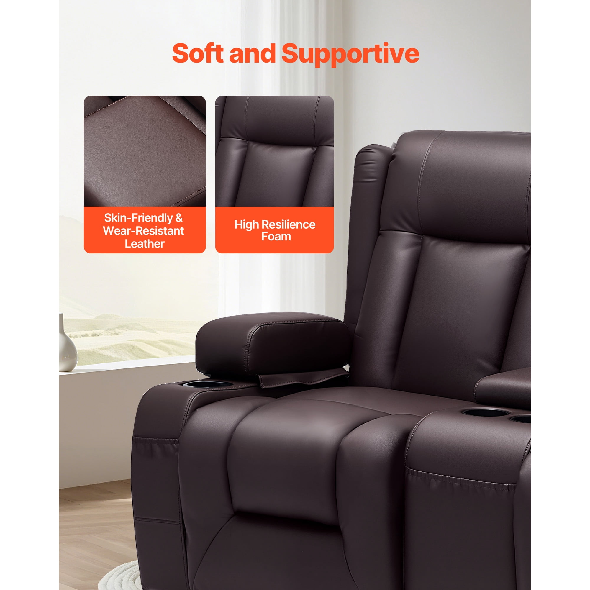 KFFKFF Manual Reclining Loveseat Sofa with Center Console, Faux Leather Upholstery, USB Ports, Cup Holders, and Storage Pockets, Dual Recliner Chair for Living Room or RV, Brown