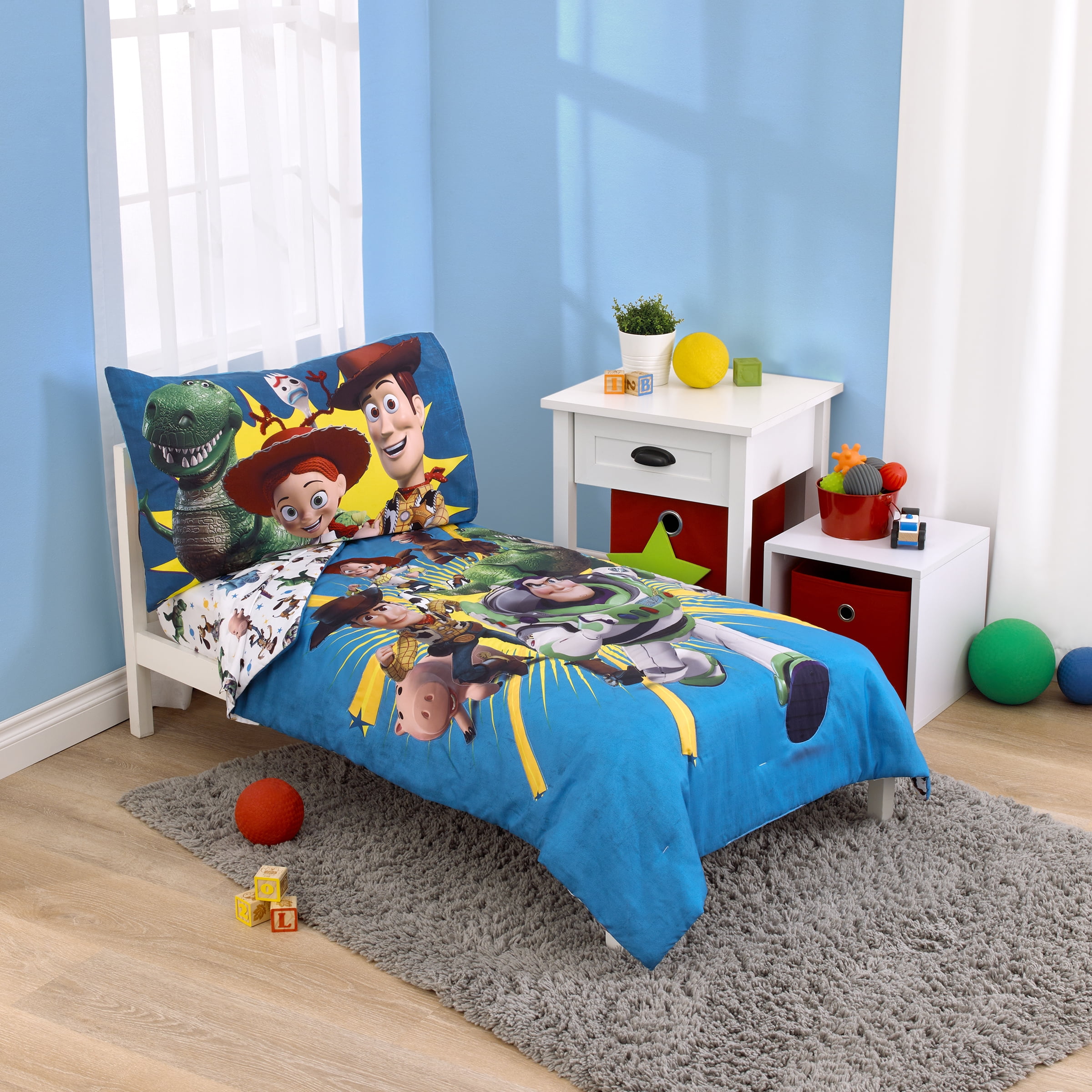 Disney Toy Story Toddler Bedding Set, "Taking Action", 4-Pieces, Blue, Green, Boy, Toddler Bed Size