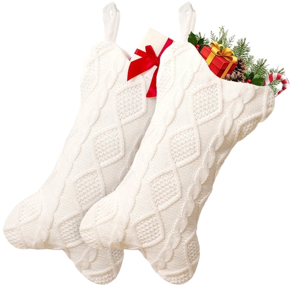 GIRACOA 2 Pack Dog Christmas Stocking, 17.3 Inch Large Knit Bone Shaped Pet Stockings for Dogs, White Hanging Stocking for Xmas Holiday Decor