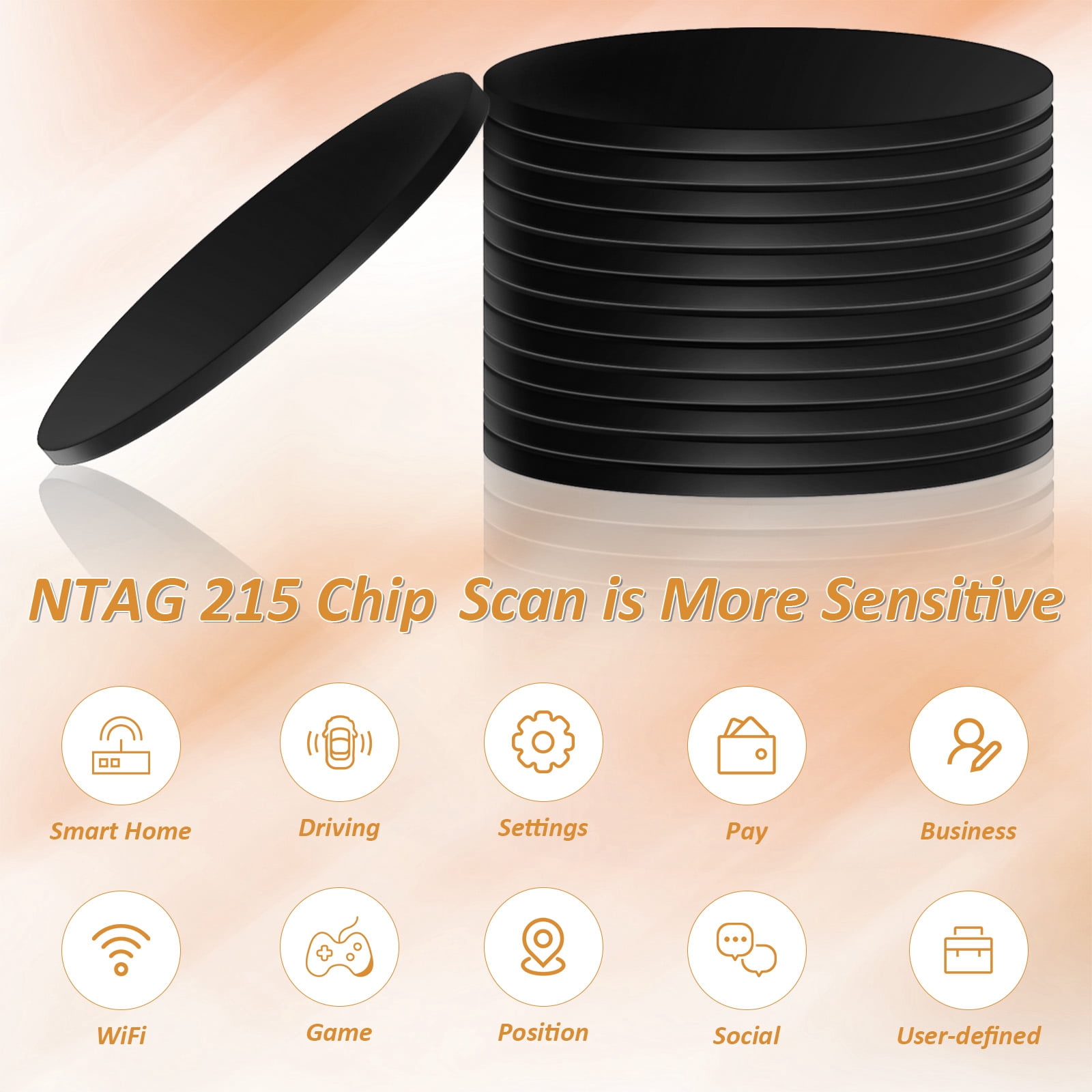 200PCS NFC Stickers Tags, 25mm Rewritable NTAG215 Blank NFC Cards with Adhesive Back, 504 Bytes Memory NFC Coin Card Chip for NFC Enabled Devices Phone Calls Automatically Commands, Black