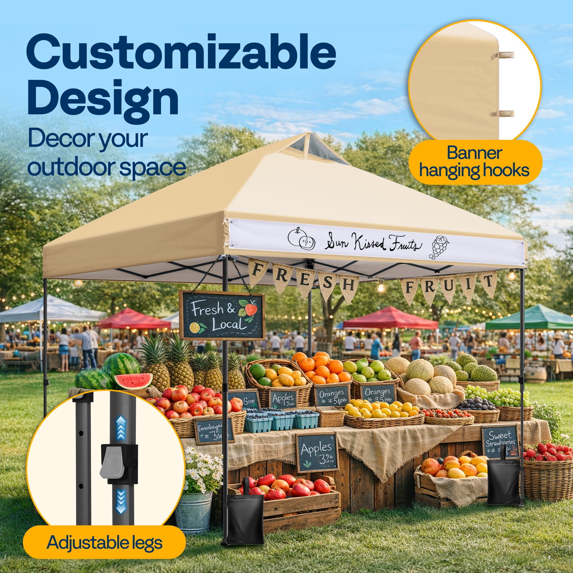 SPECSTAR 8x8ft Pop-up Canopy Tent One Push Setup Instant Tent with Center Lock, Wheel Carry Bag and 4 Sandbags for Events Parties, Beige
