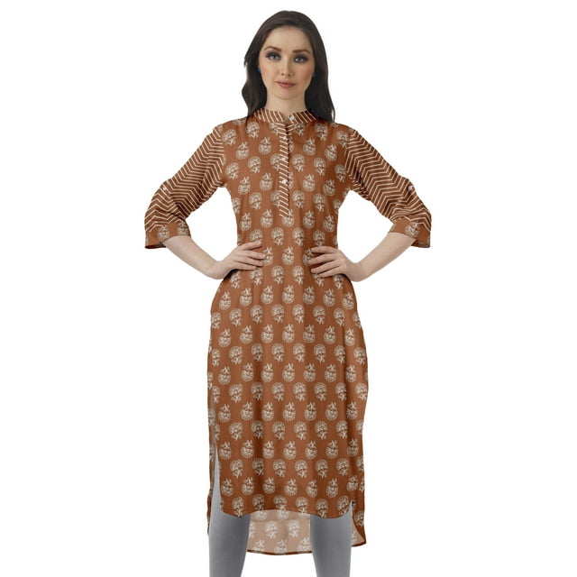Moomaya Tunique en Coton à Manches Retroussables pour Femmes Kurti Imprimé Longueur Genou Kurta d'Été