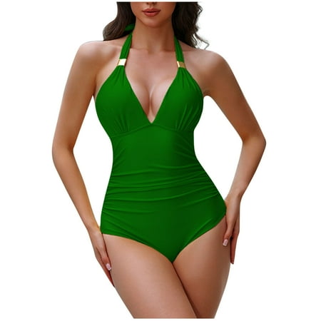 Virmaxy Women s Solid Color One-Piece With Bra Pads Without Steel Support Splicing Sexy Backless Strappy One-Piece Swimsuit For Pool Party Vacation Green-2 S