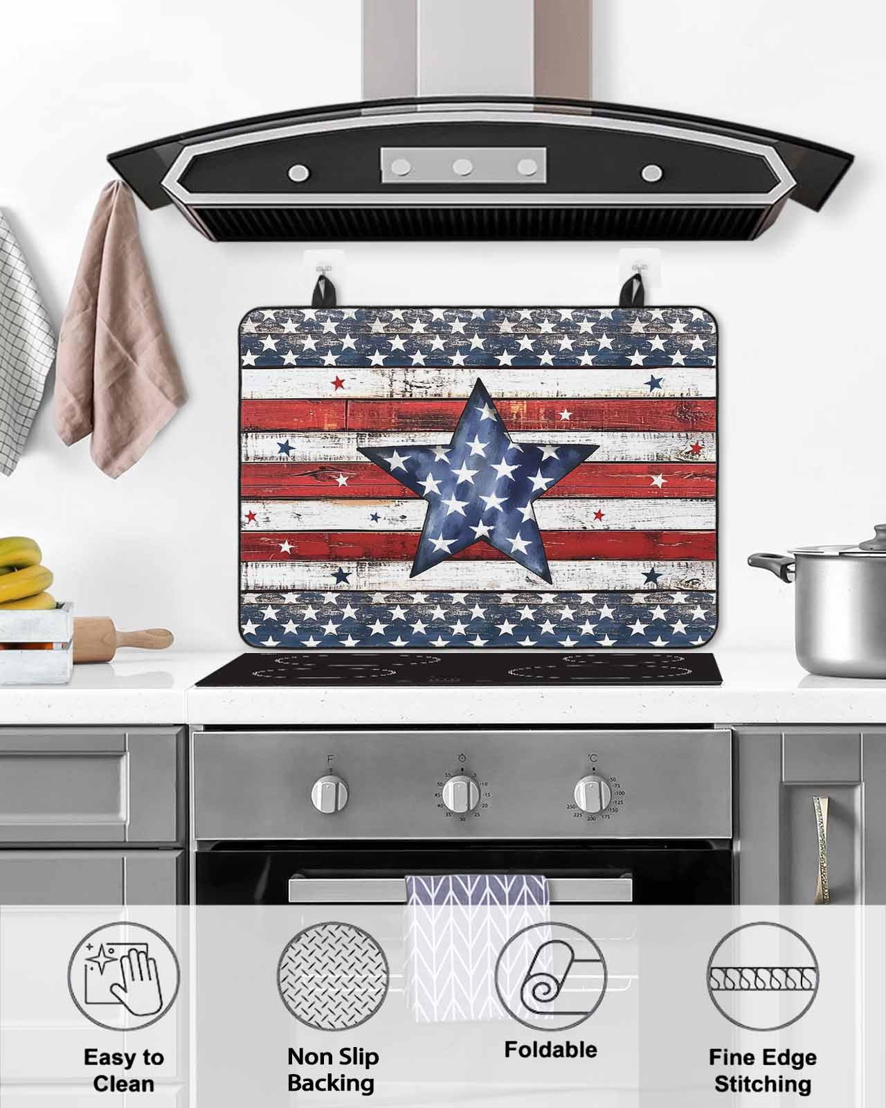 nqOlkjepod Large Induction Cooktop Protector Mat 24"x21", 4th of July Star Stove Top Covers for Electric Stove, Independence Day American Flag Vintage Stove Burner Cover Mats, Glass Top Stove Cover