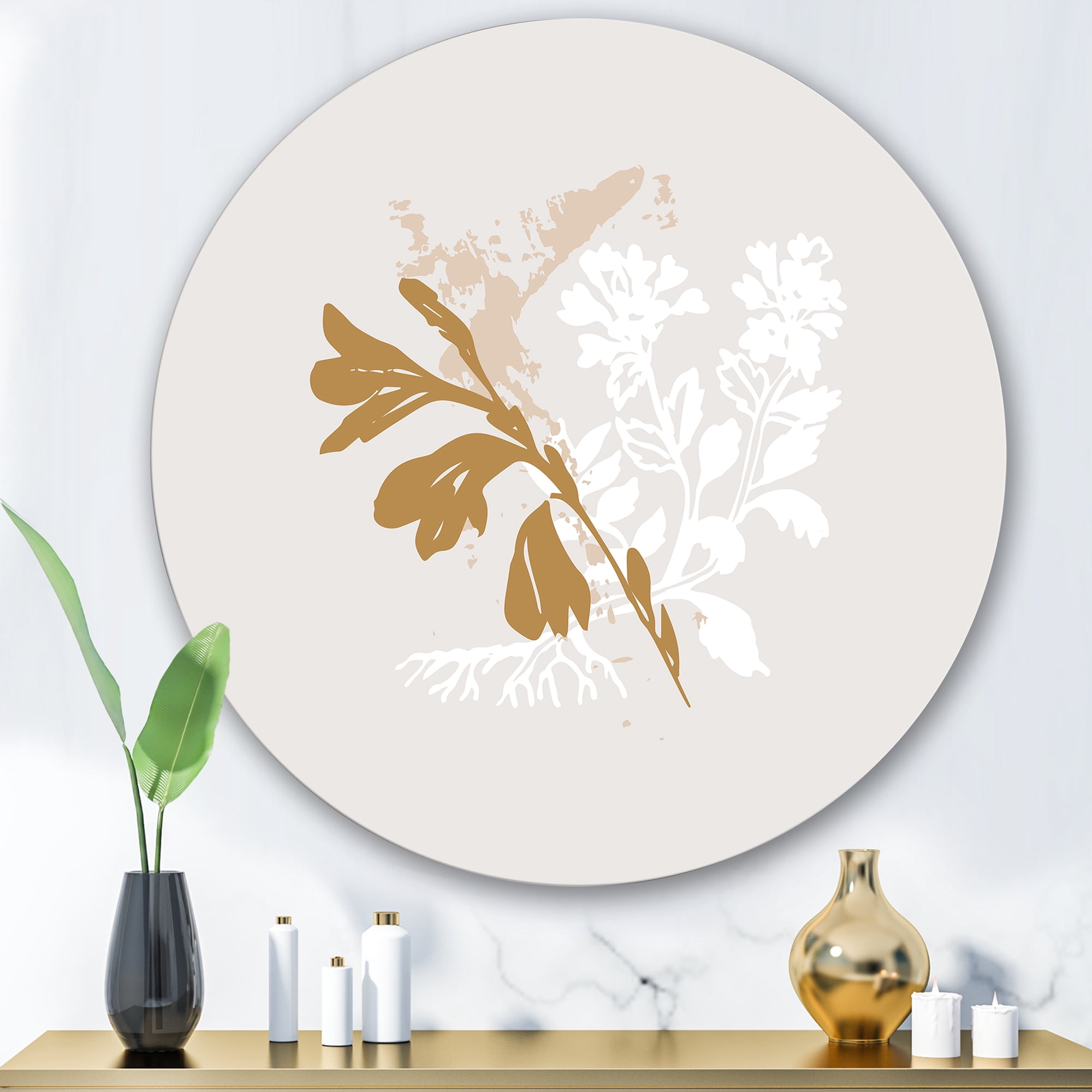 Designart 'Minimal Botanical Design In White and Brown' Traditional Circle Metal Wall Art 29x29 - Disc of 29