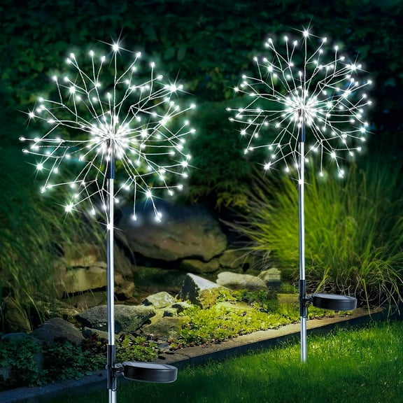 Solar Garden Lights Outdoor Waterproof Decorative, 2Pack 150LED Firework Lights, Solar Fairy Lights for Yard, Garden, Party, Patio, Pathway, Flowerbed - White