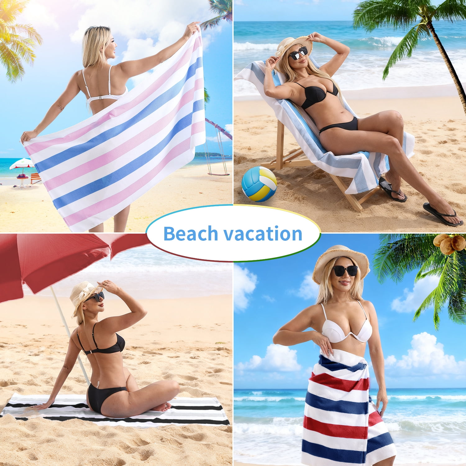 Jessy Home 4 Pack Stripe Beach Towel Sets, 30"x60" Quick-dry Sand-resistant Lightweight Soft Beach Towel for Travel, Gym