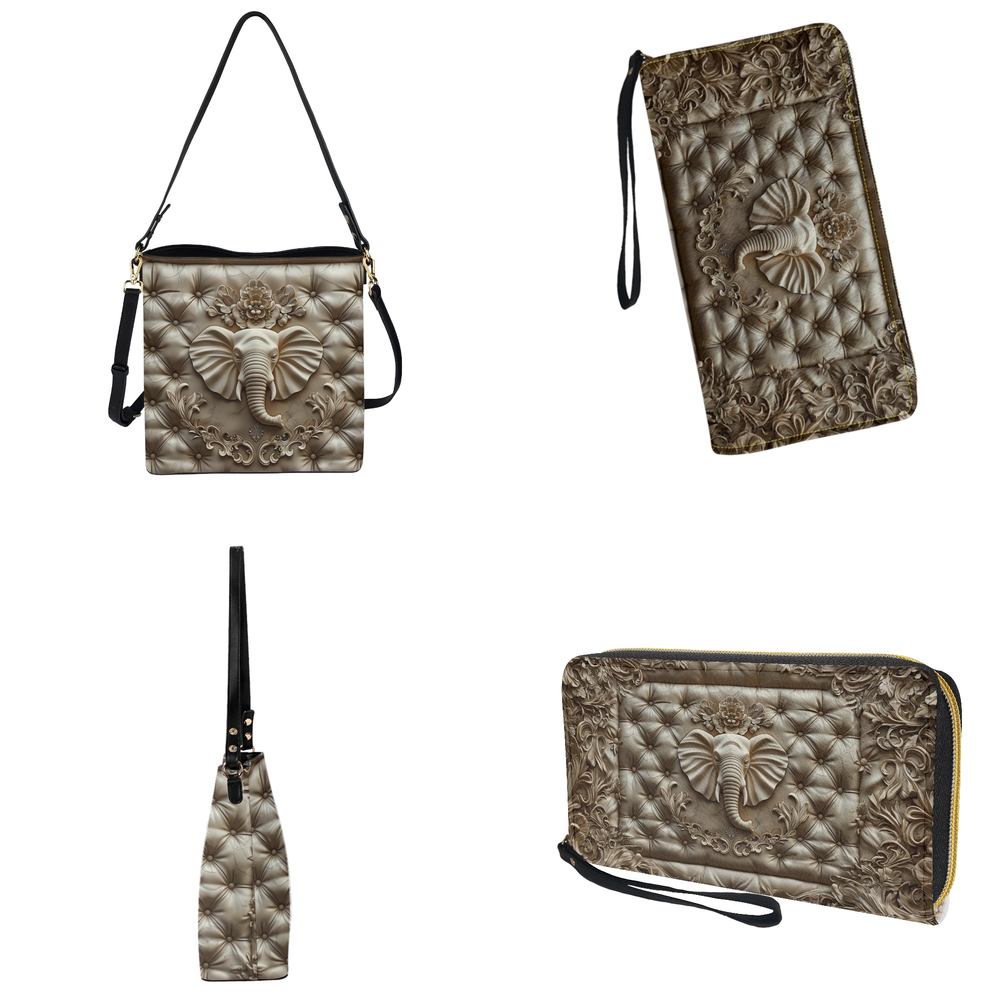 ZUXONGSY Elephant Flower Print Bucket Crossbody Bag Set for Women Lady Lightweight Crossbody Hobo Bag with Wallet Set Large 2 Pcs Bucket Purse Set for Shopping