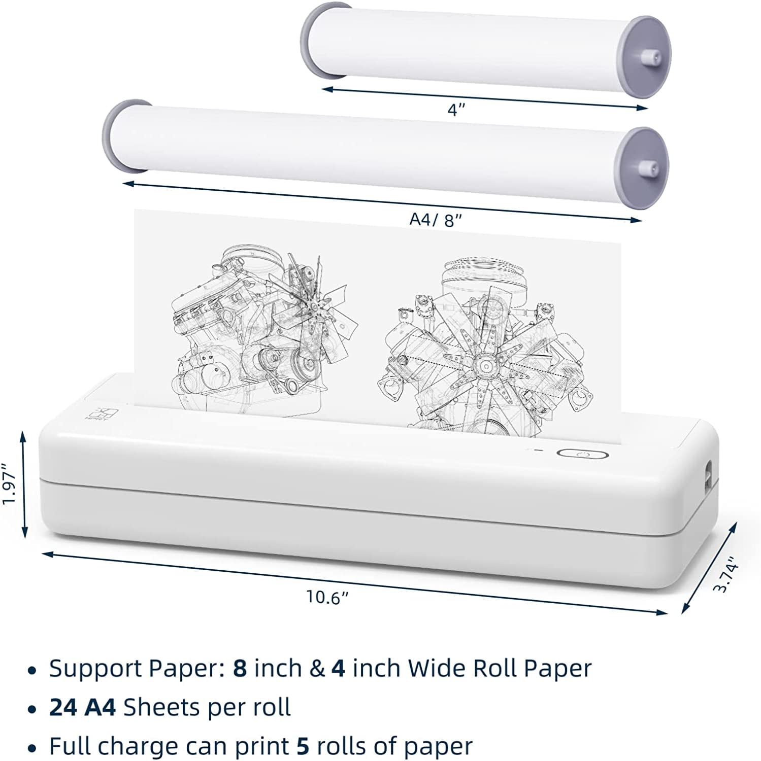 HPRT Wireless Portable Printers - A4 Thermal Printer, Monochrome for Travel, Mobile Office, School, Home - Bluetooth Printer Compatible with IOS Android Phone & Laptop