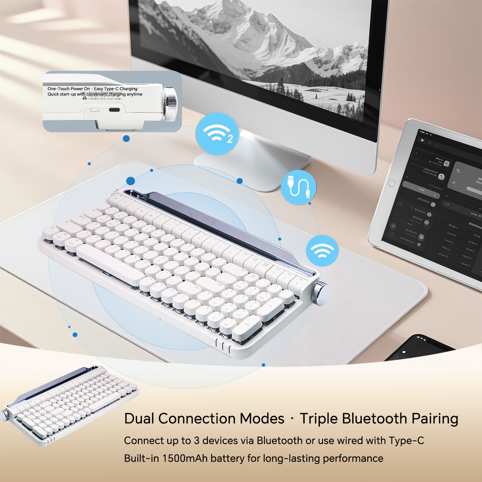 ACTTO B705 Retro Typewriter Mechanical Keyboard, White, Dual-Mode Bluetooth & Wired, Knob & Stand, Blue Switch, RGB Backlight, for Gaming & Office