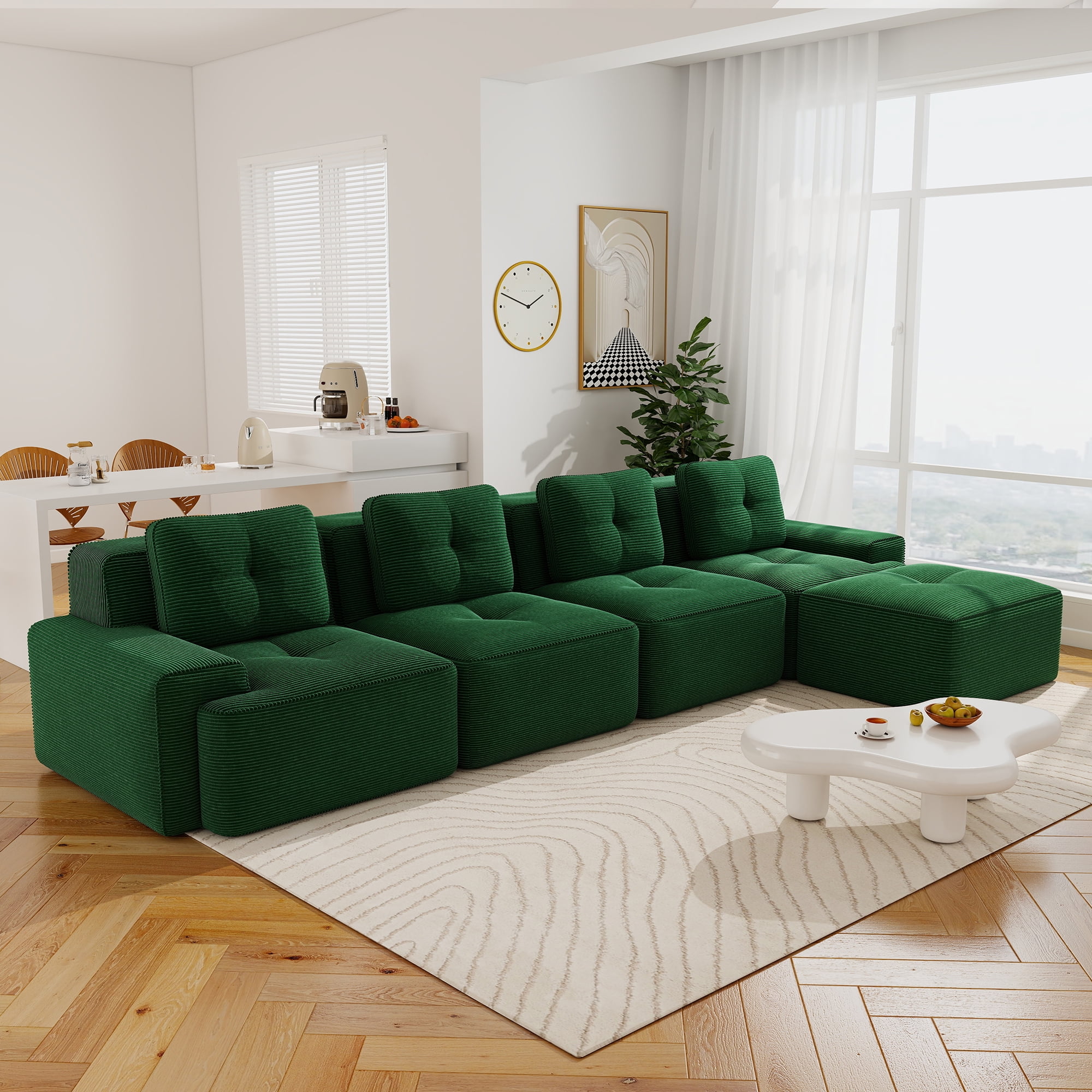 Aukfa 5-Piece Tufted Modular Corduroy Sectional Sofa with Ottoman for Living Room, 128.5" Width 4-Seat Sofa, Green