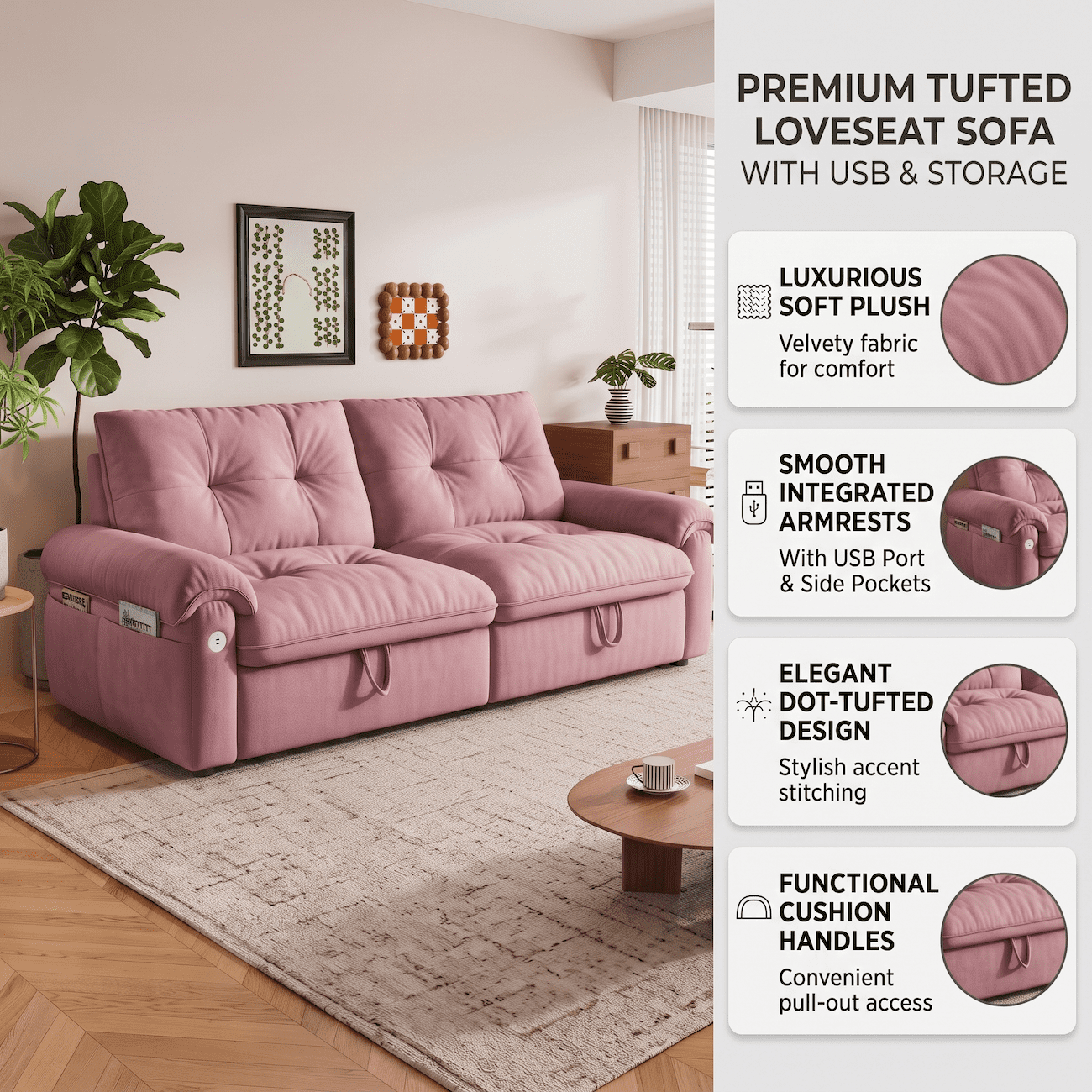 Xiweot Convertible Sleeper Sofa Bed, 77" Queen Size Pull Out Couch Bed with Adjustable Backrest, USB Ports & Side Pocket, Velvet Loveseat Sleeper for Living Room Small Space (Pink)