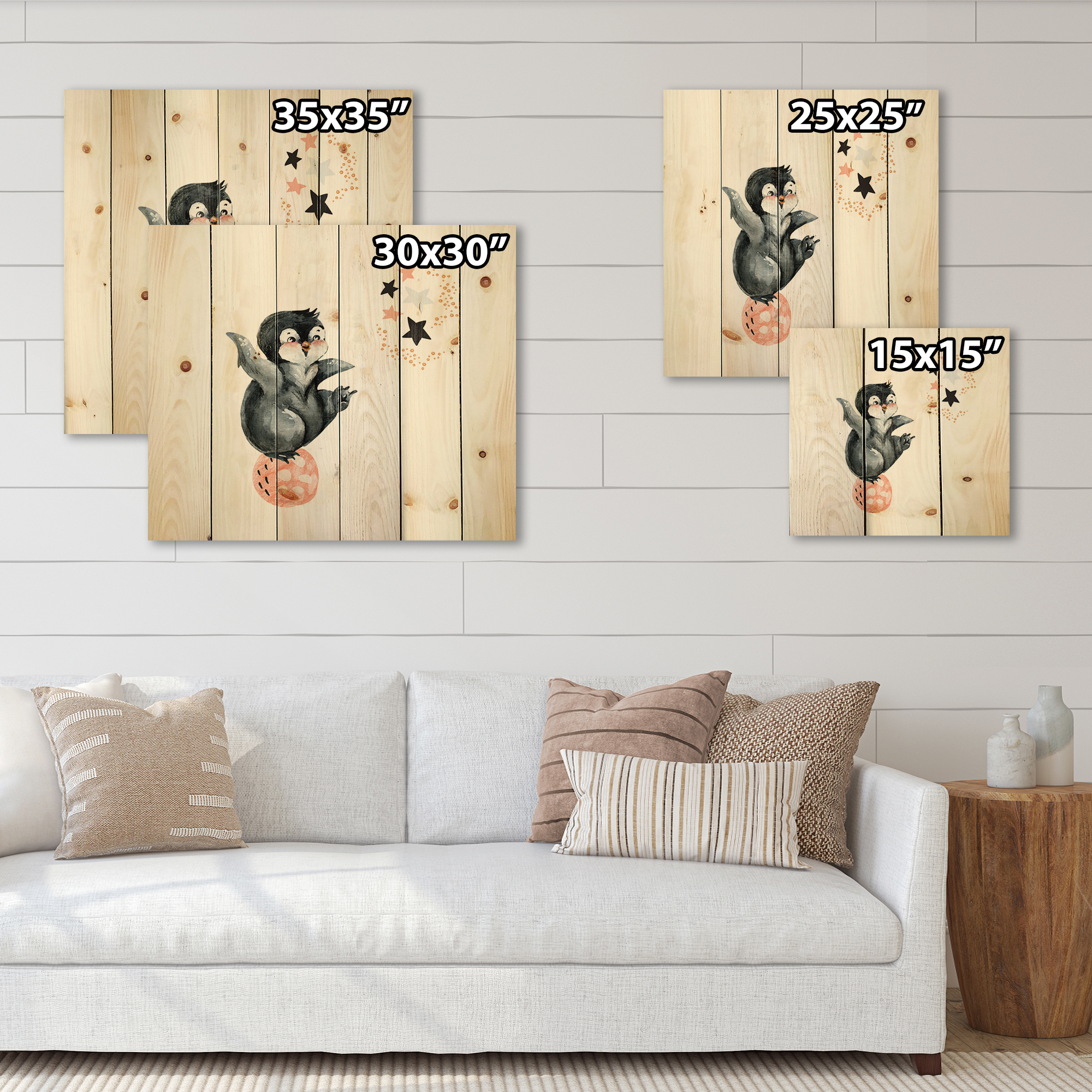 Designart 'Little Penguin With Planets and Stars II' Farmhouse Print on Natural Pine Wood