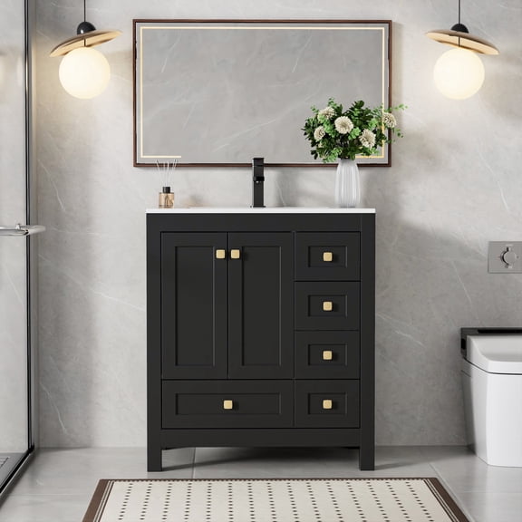 Eclife 30" Integrated Bathroom Vanity with Resin Sink , Single Sink Modern Storage Cabinet, Water-Resistant Finish