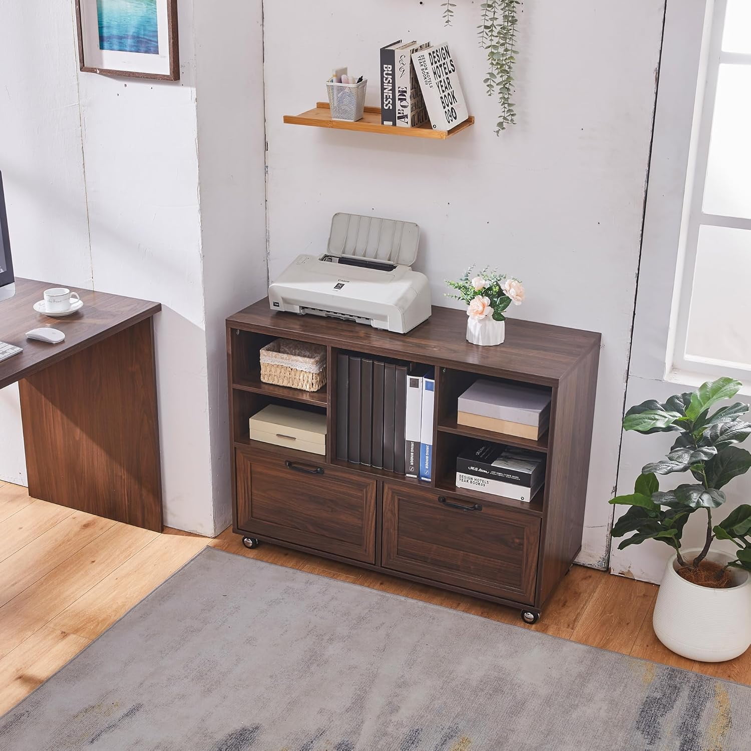 LayBurst 39.3" Farmhouse Wood File Cabinet with Wheels,Small Home Office Storage,Rolling File Cabinet with 2 Drawers for Legal/Letter/ A4 Size (Brown)