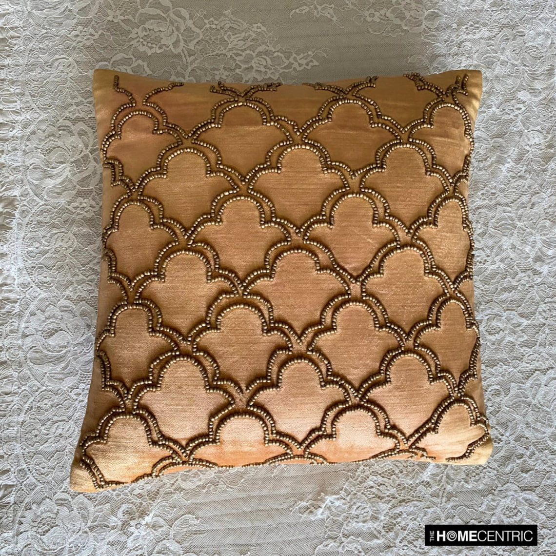 The HomeCentric Gold Cushion Covers, Gold Beaded Lattice Trellis Turkish Pillows Cover, Pack of 2, 14x14 inch (35x35 cm) Pillow Case, Square Velvet Throw Pillows Cover, Geometric Art - Gold Jewel