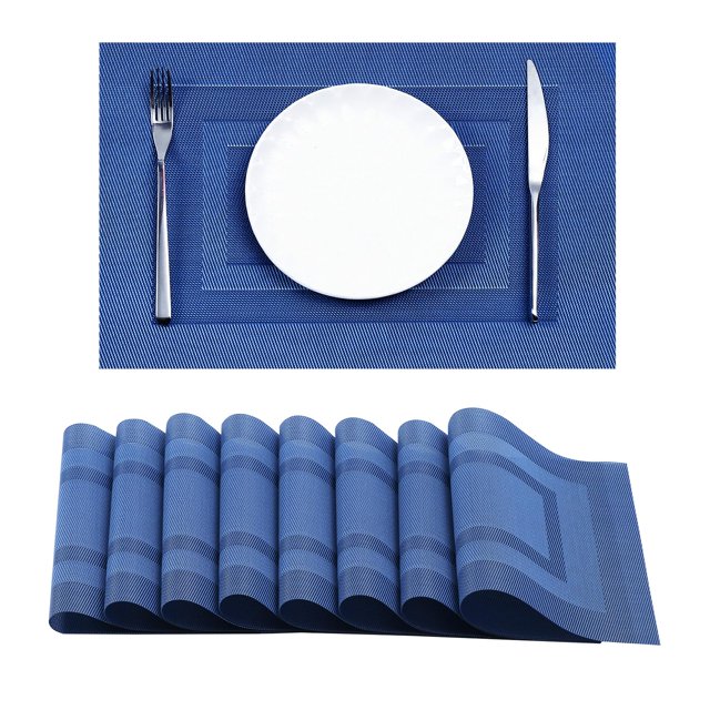 Juego de 8 manteles individuales Leetaltree con marco azul de PVC resistente al calor