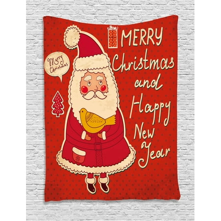 Claus Tapestry - Christmas Tapestry, Happy New Year Retro Illustration with Cute Santa Claus Holding Yellow Bird, Wall Hanging for Bedroom Living Room Dorm Decor, Ivory Orange, by Ambesonne