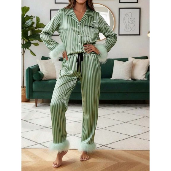 Womens Green Satin Stripe Pajama Set Long Sleeve Lapel Top Pants With Fur
